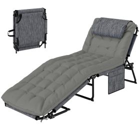 Gray Folding Chaise Lounge Chair with 4-Level Reclining Back Breathable Mesh Fabric Cushion Headrest for Outdoor