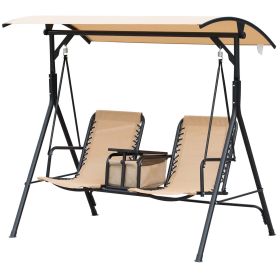 2-Person Porch Swing with Canopy Beige Covered Patio Swing Pivot Storage Table Cup Holder