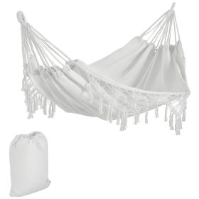 Extra Large Boho Hammock with Macrame Tassel Fringe, Includes Carrying Bag, Indoor Outdoor Tree Hammock for Porch, Backyard, Camping, White