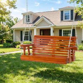 2 Person Wooden Patio Swing Chair Sunny Porch Swing with Chain 440 Lbs Capacity Brown for Garden Poolside Backyard
