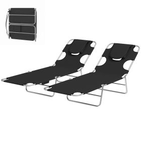 2 Tanning Chairs with Face Hole, 5-Level Adjustable Outdoor Chaise Lounge Chair with Pillow for Beach, Pool, Black