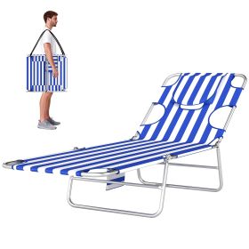 Tanning Chair with Face Hole, 5-Level Adjustable Outdoor Chaise Lounge Chair with Pillow for Beach, Pool, Blue Stripes