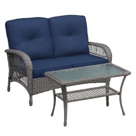 2 Piece Outdoor Wicker Patio Furniture Set, 2-Seater Rattan Loveseat with Tempered Glass Coffee Table, Water-Resistant Navy Blue Cushions