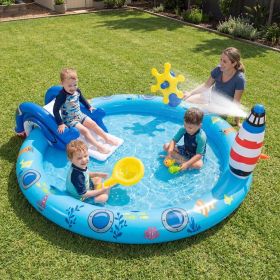 Inflatable Play Center Marine Life Spray Pool with Shark-shaped Slide Lighthouse Sprinkle