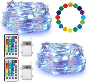 Fairy Lights Battery Operated Twinkle Lights with Multicolor Changing, 50 LED, 16.4Ft Silvery Copper Wire, Remote Included. Perfect for Party, We