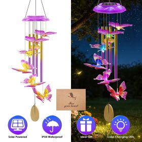 Solar Wind Chime with Aluminum Tubes 7 Color Changing Wind Chime for Outside IP44 Waterproof Outdoor Garden Yard Decor Spring Summer (Color: Purple Butterfly)