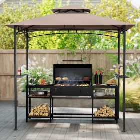 8 x 5 Feet Grill Gazebo with 2 Shelves 6 Hooks and Metal Frame (Color: Brown)
